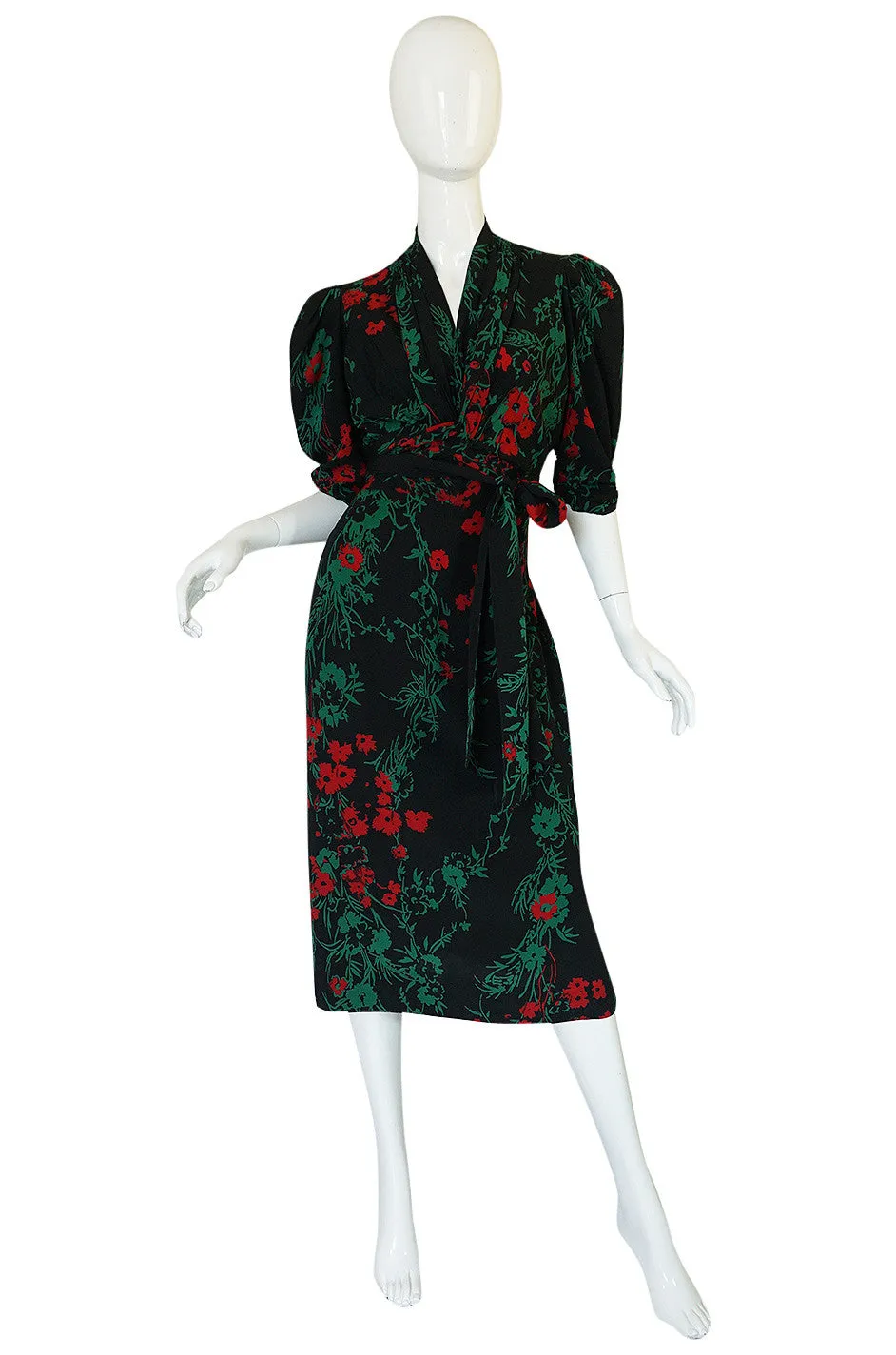 1930s Fashion Originators Guild Blue & Red Floral Silk Dress