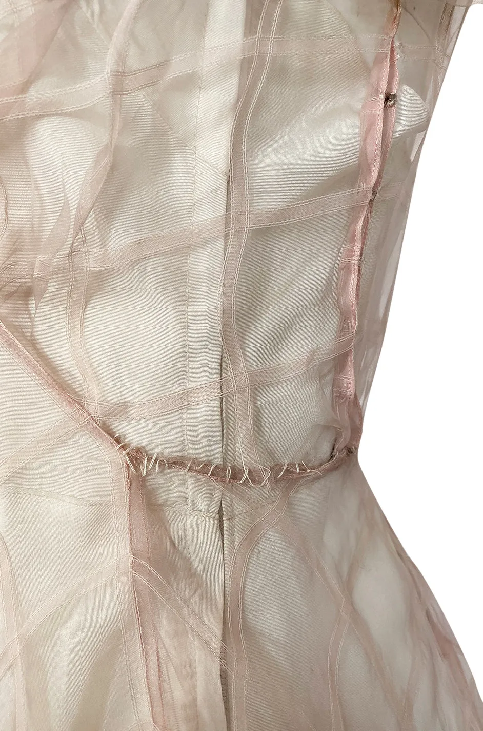 1930s Unlabeled Deep Blush Silk Ribbon Organza Dress w Slip & Floral Belt