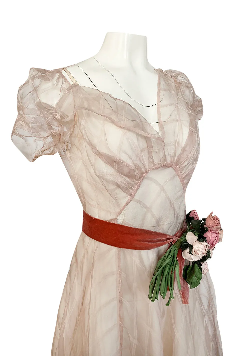 1930s Unlabeled Deep Blush Silk Ribbon Organza Dress w Slip & Floral Belt