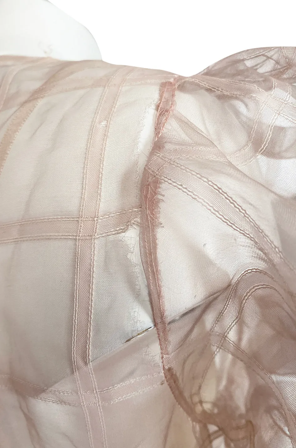 1930s Unlabeled Deep Blush Silk Ribbon Organza Dress w Slip & Floral Belt