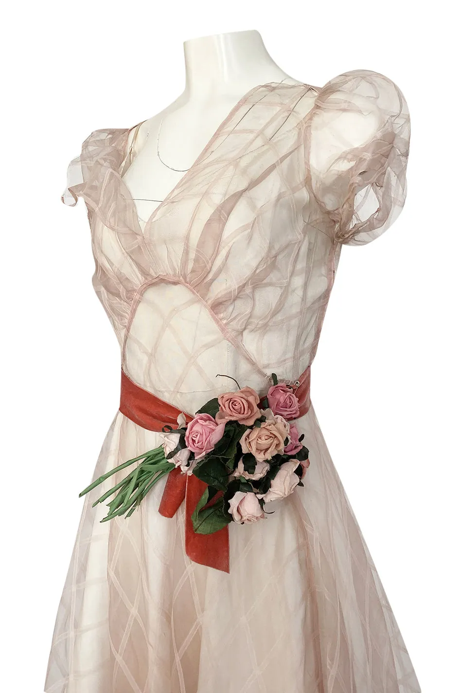 1930s Unlabeled Deep Blush Silk Ribbon Organza Dress w Slip & Floral Belt