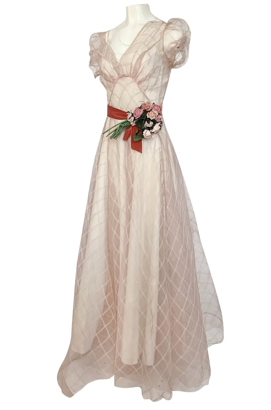 1930s Unlabeled Deep Blush Silk Ribbon Organza Dress w Slip & Floral Belt