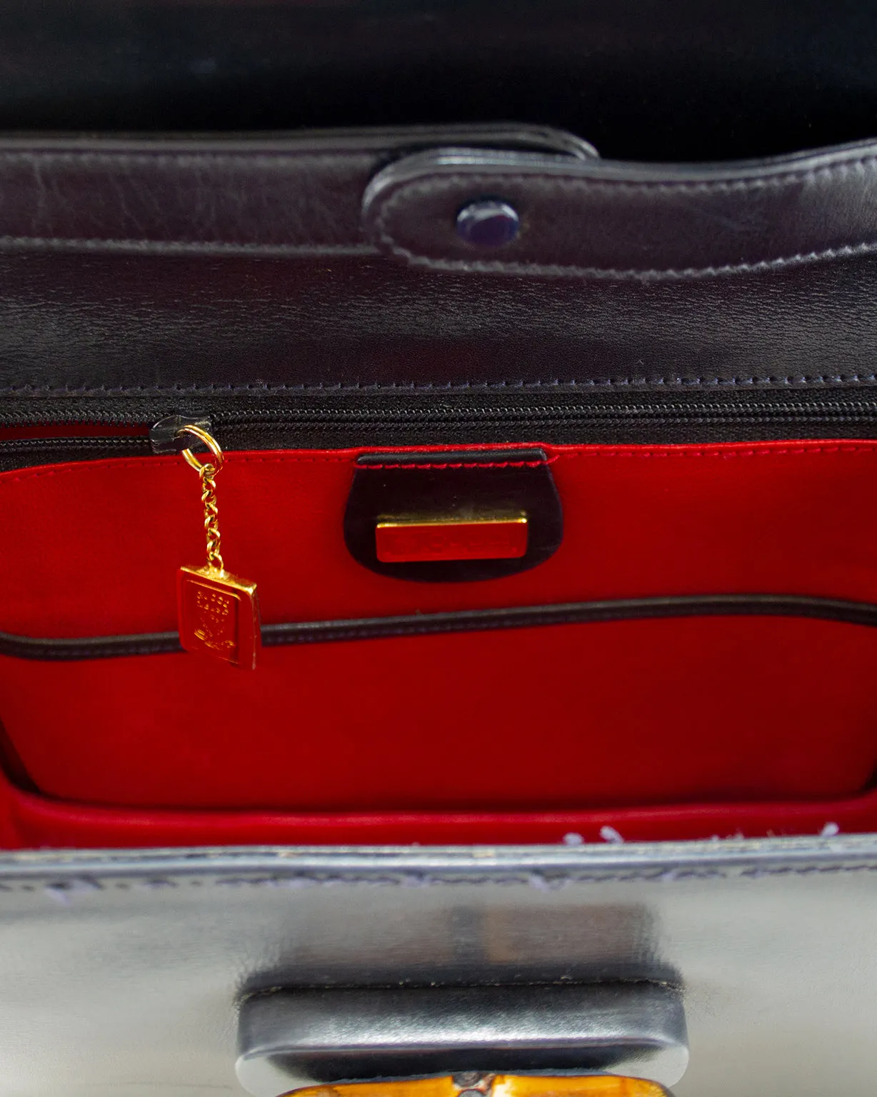 1947 Original Issue Navy Leather Handbag With Bamboo Handle