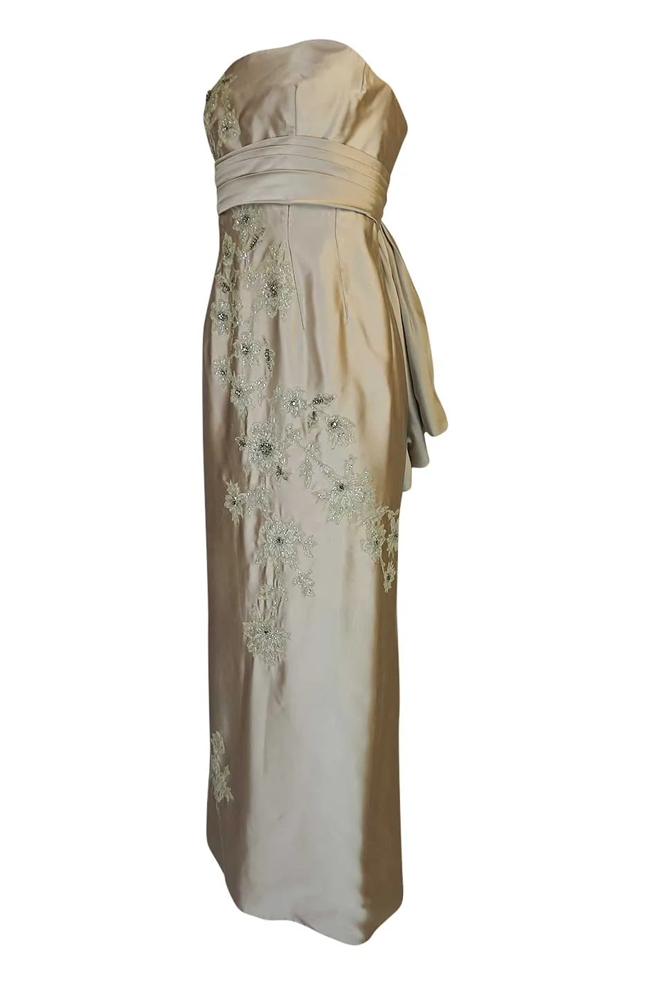 1950s Helena Barbieri Champagne Silk Satin Beaded Dress