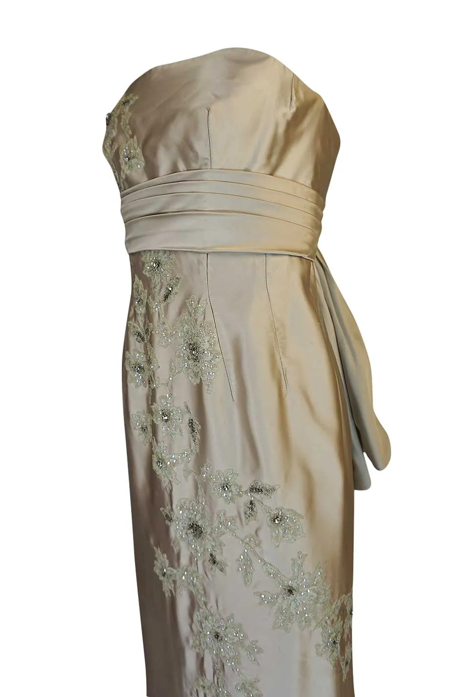 1950s Helena Barbieri Champagne Silk Satin Beaded Dress