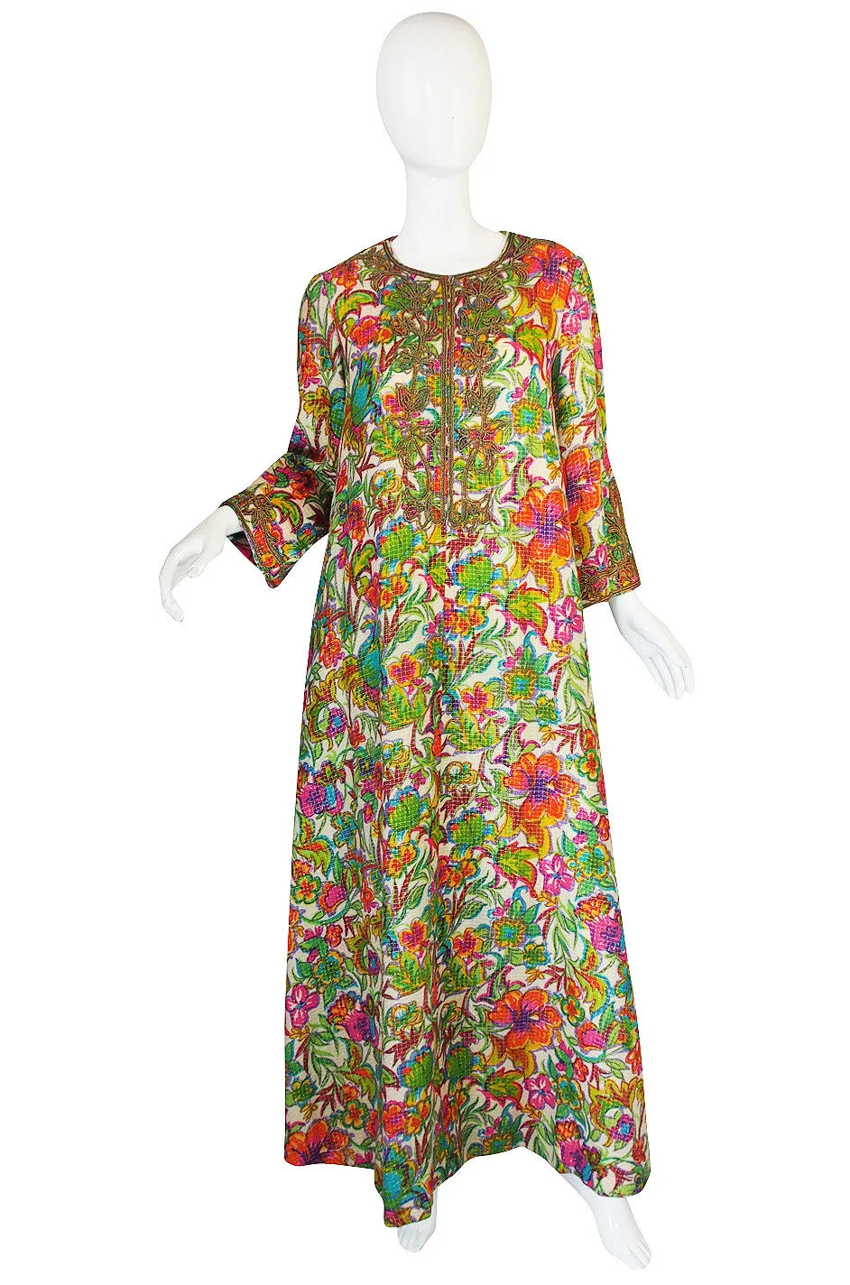 1960s Floral Metallic Print Gold Cord Caftan Dress