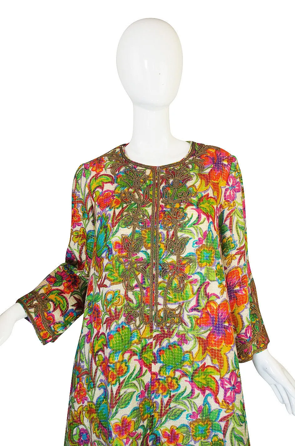 1960s Floral Metallic Print Gold Cord Caftan Dress