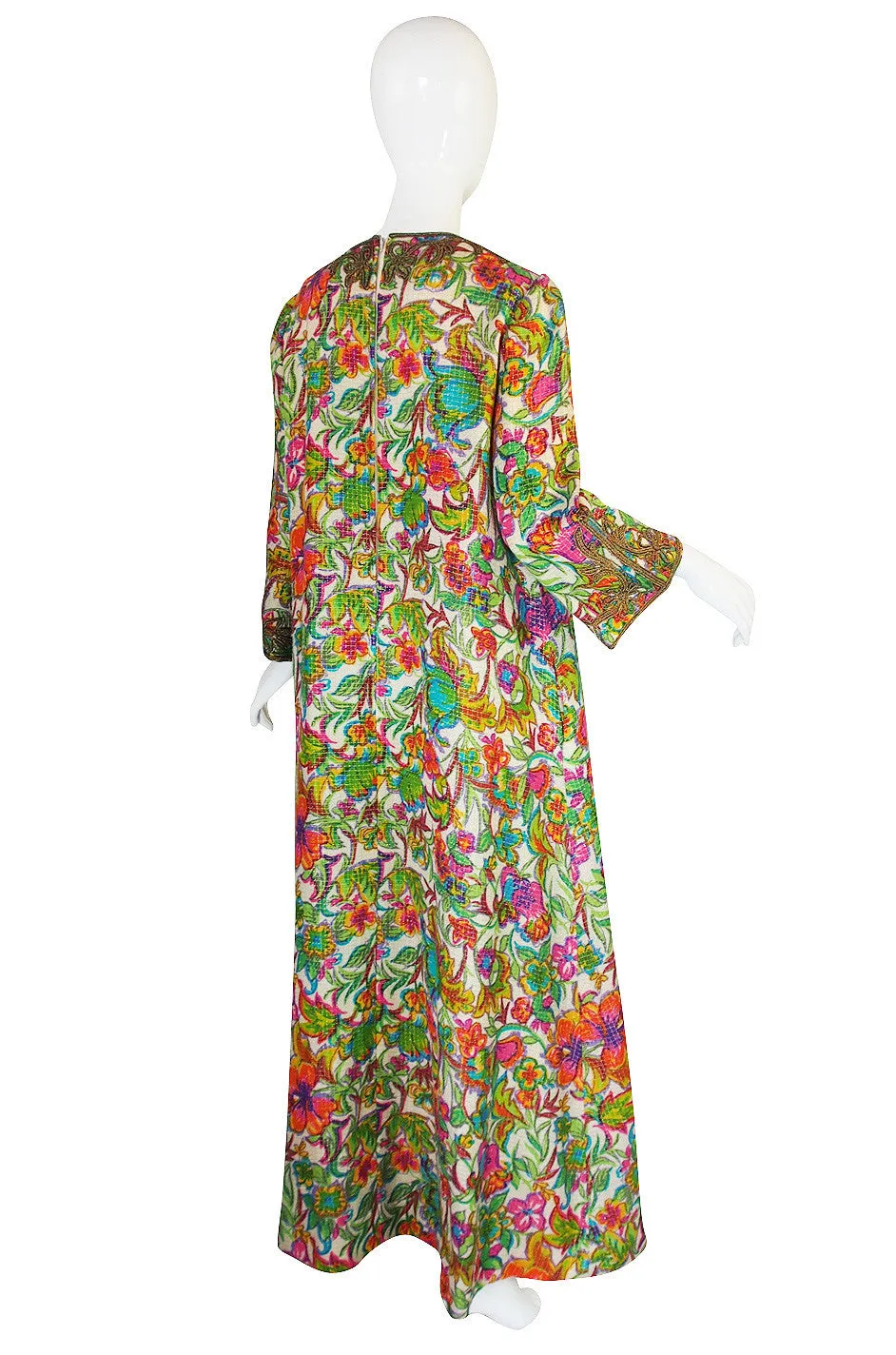 1960s Floral Metallic Print Gold Cord Caftan Dress