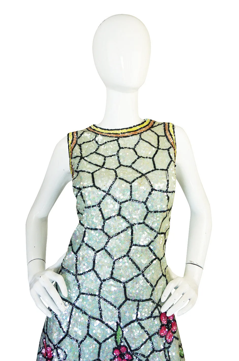 1960s Fully Sequinned Floral Stain Glass Window Dress