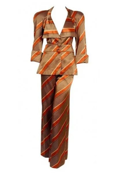 1972 Biba London Deco Striped Satin Wide-Collar Jacket & Pants Suit Ensemble