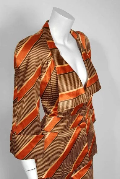 1972 Biba London Deco Striped Satin Wide-Collar Jacket & Pants Suit Ensemble