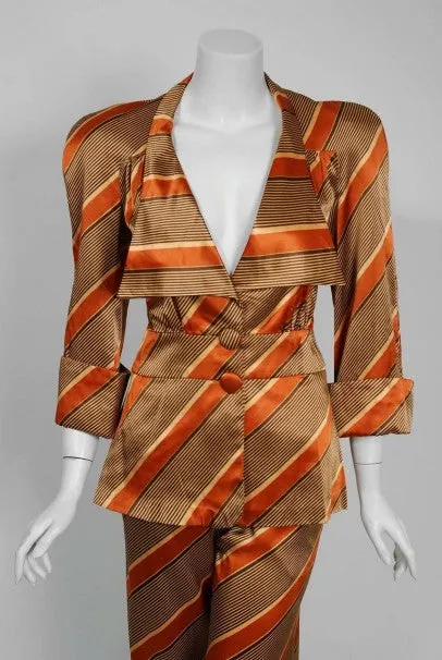 1972 Biba London Deco Striped Satin Wide-Collar Jacket & Pants Suit Ensemble