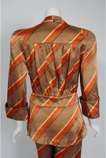 1972 Biba London Deco Striped Satin Wide-Collar Jacket & Pants Suit Ensemble