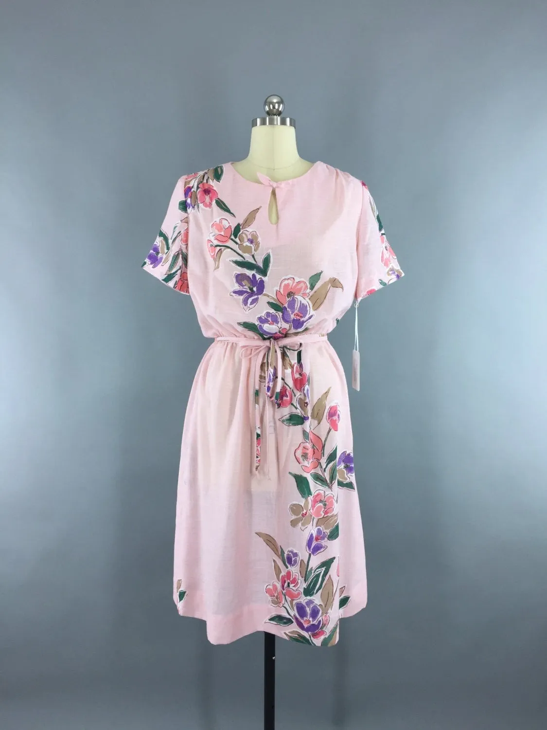 1980s Vintage Pastel Pink Floral Print Dress