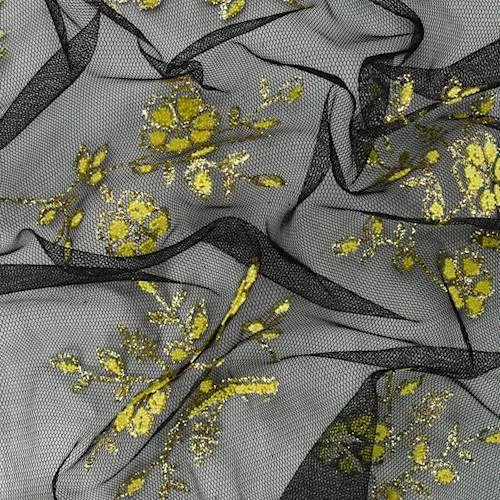 2 1/8 YD PC-Black/Yellow/Gold Floral Glitter/Bead Flock Mesh Fabric