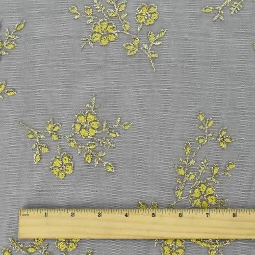 2 1/8 YD PC-Black/Yellow/Gold Floral Glitter/Bead Flock Mesh Fabric