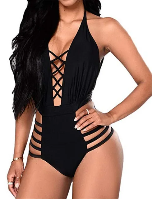 2021 CHRONSTYLE Bodysuit Swimsuit Beachwear Sexy Deep V-neck Hollow Out Backless Lace-up One-piece Size S - XL