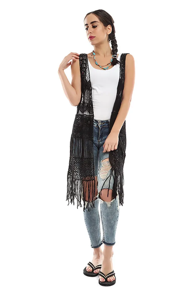 48799 Perforated Sleeveless Cardigan - Black