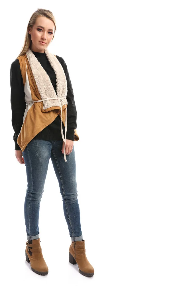 51630 Fur Collar Color Block Havan & Beige Vest