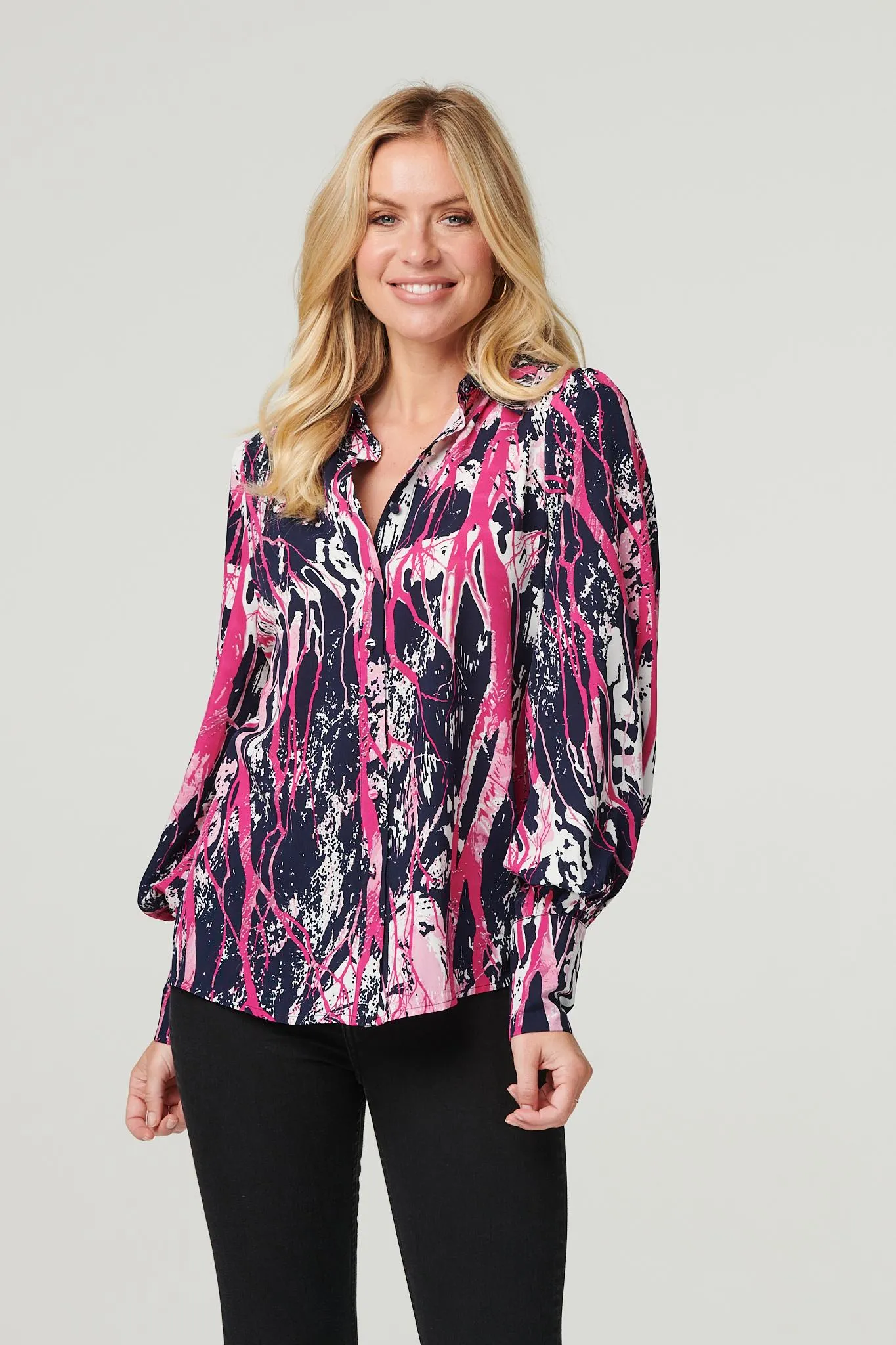 Abstract Print Puff Sleeve Blouse