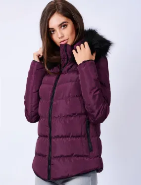 Adley Quilted Jacket with Detachable Fur Trim in Plum - Tokyo Laundry