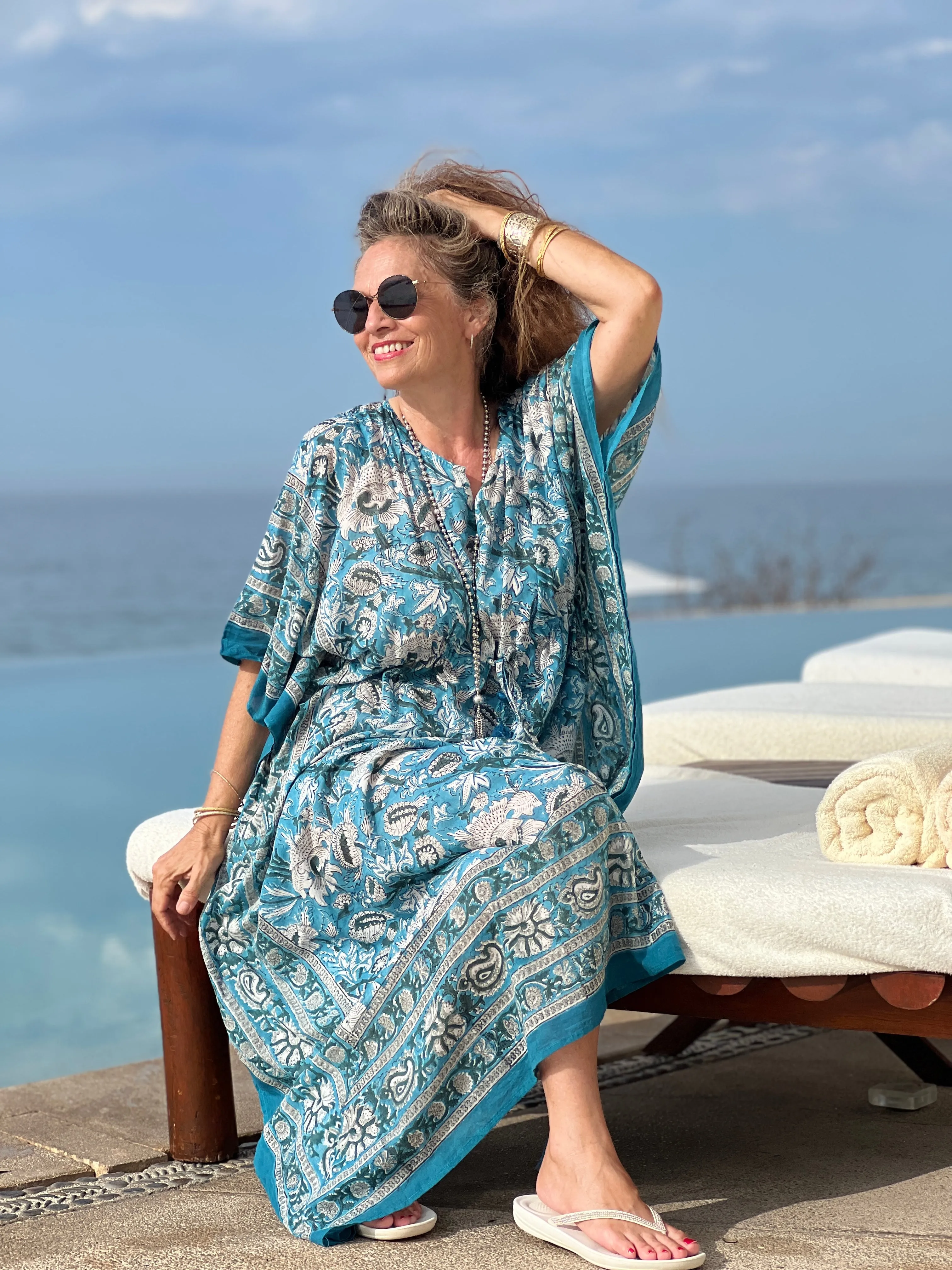 Aegean Blue Floral Maxi Kaftan Dress