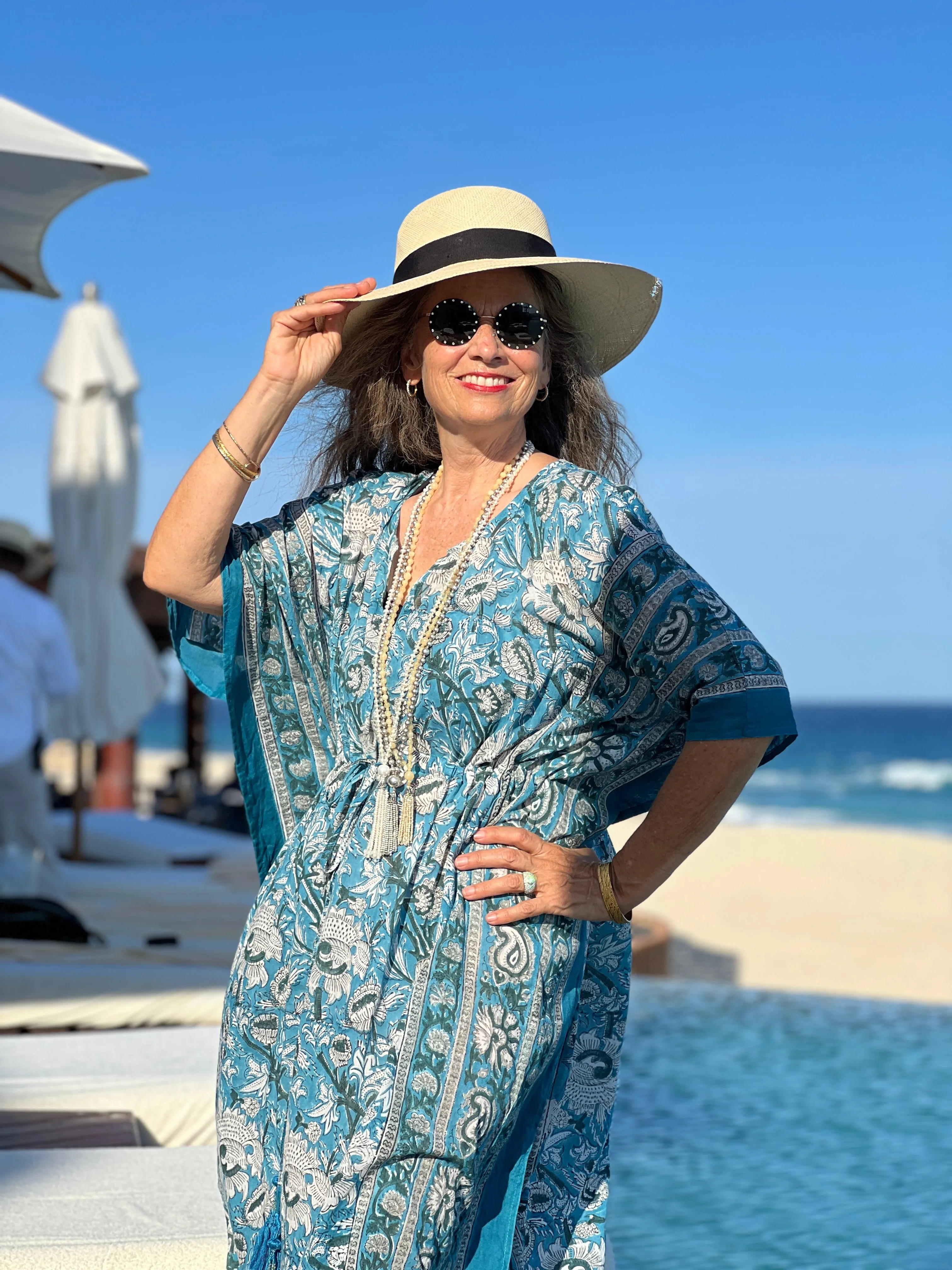 Aegean Blue Floral Maxi Kaftan Dress