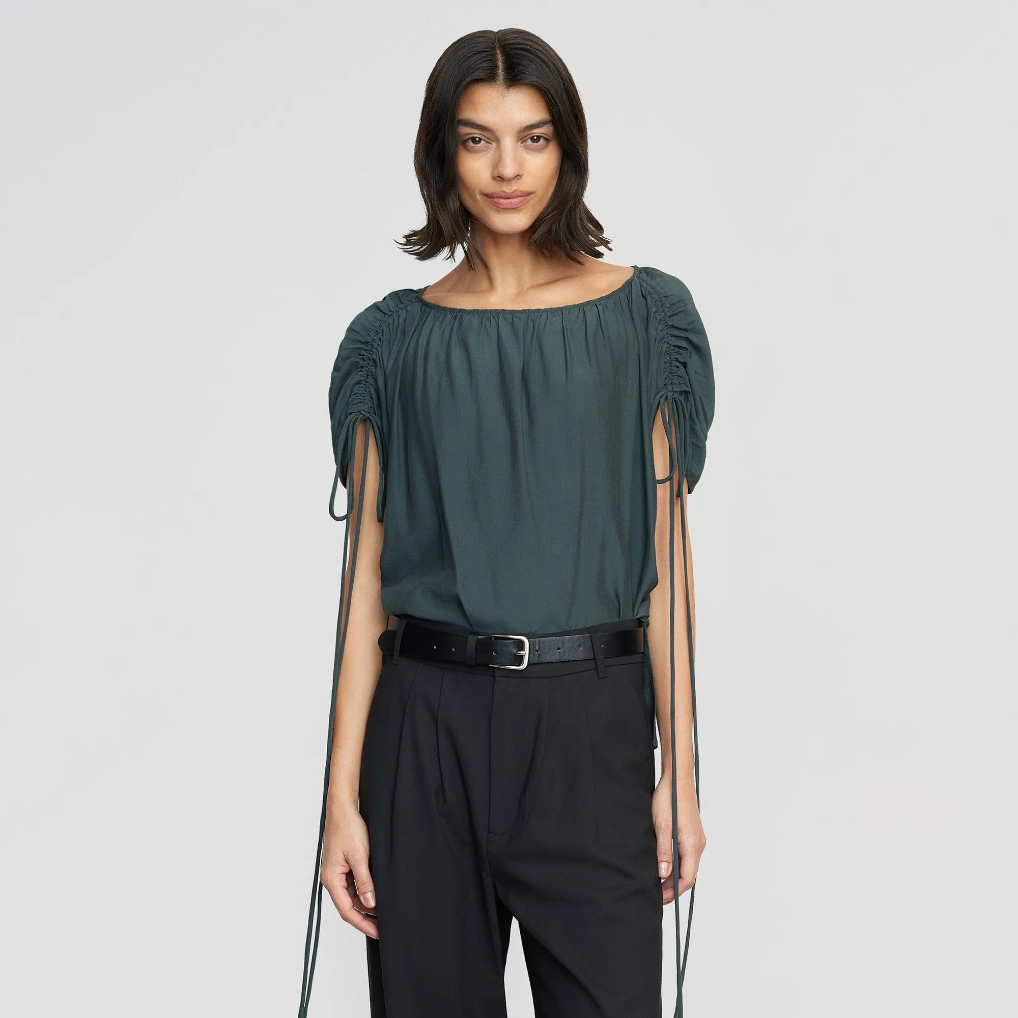 Akari Semi-Sheer Gathered-Shoulder Blouse