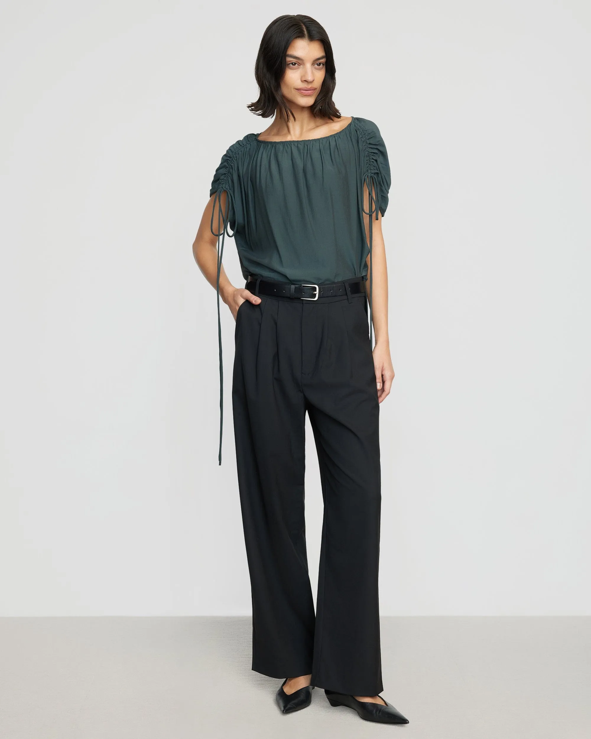 Akari Semi-Sheer Gathered-Shoulder Blouse