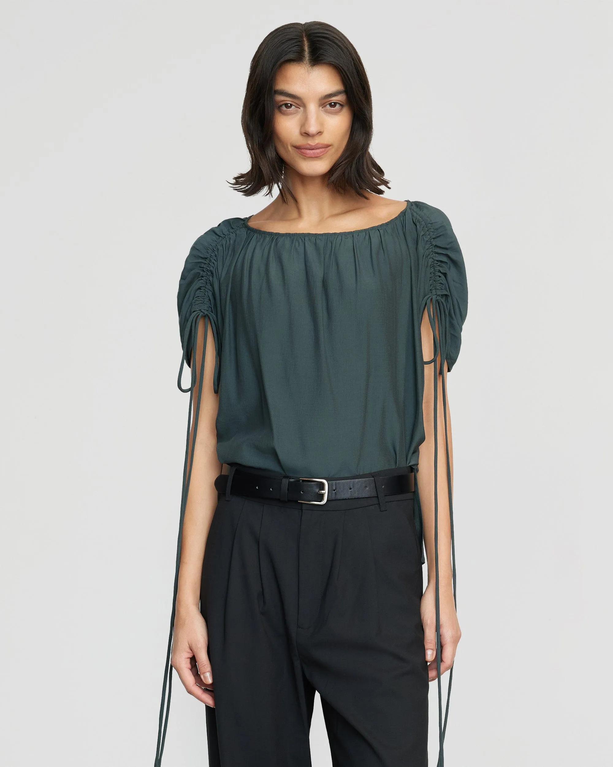 Akari Semi-Sheer Gathered-Shoulder Blouse