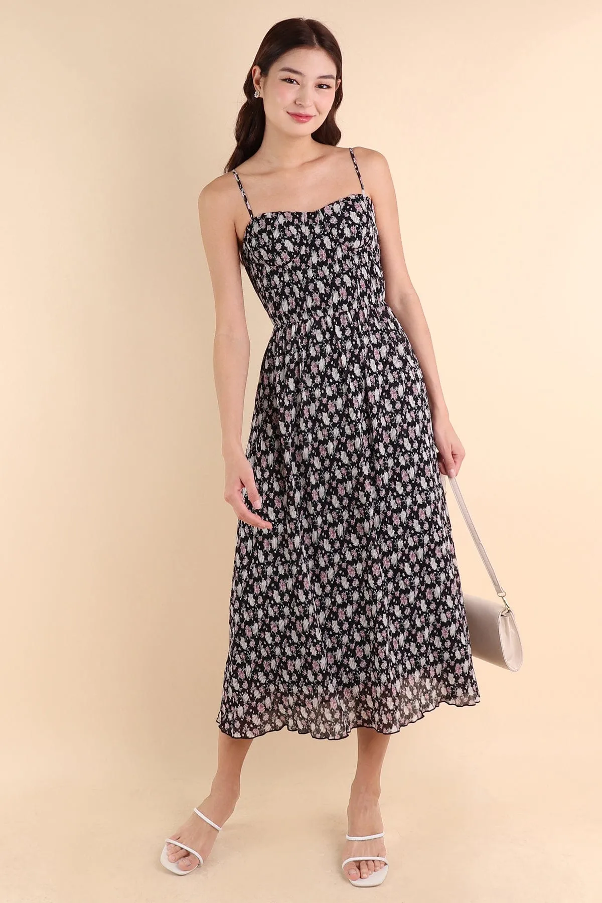 AMARIS PLEATED FLORAL MAXI IN BLACK