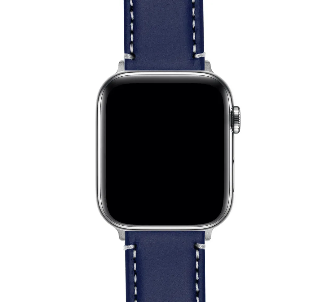 Apple Watch Navy Blue Leather Linen White Stitching Watch Band