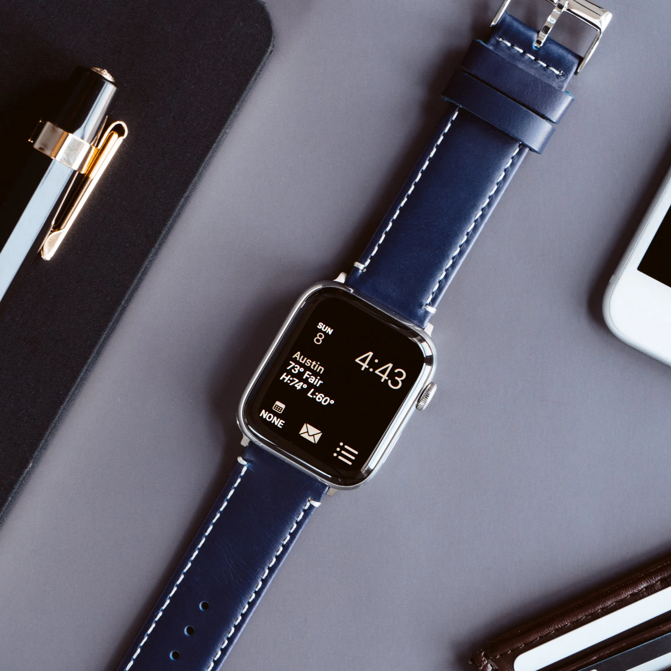 Apple Watch Navy Blue Leather Linen White Stitching Watch Band