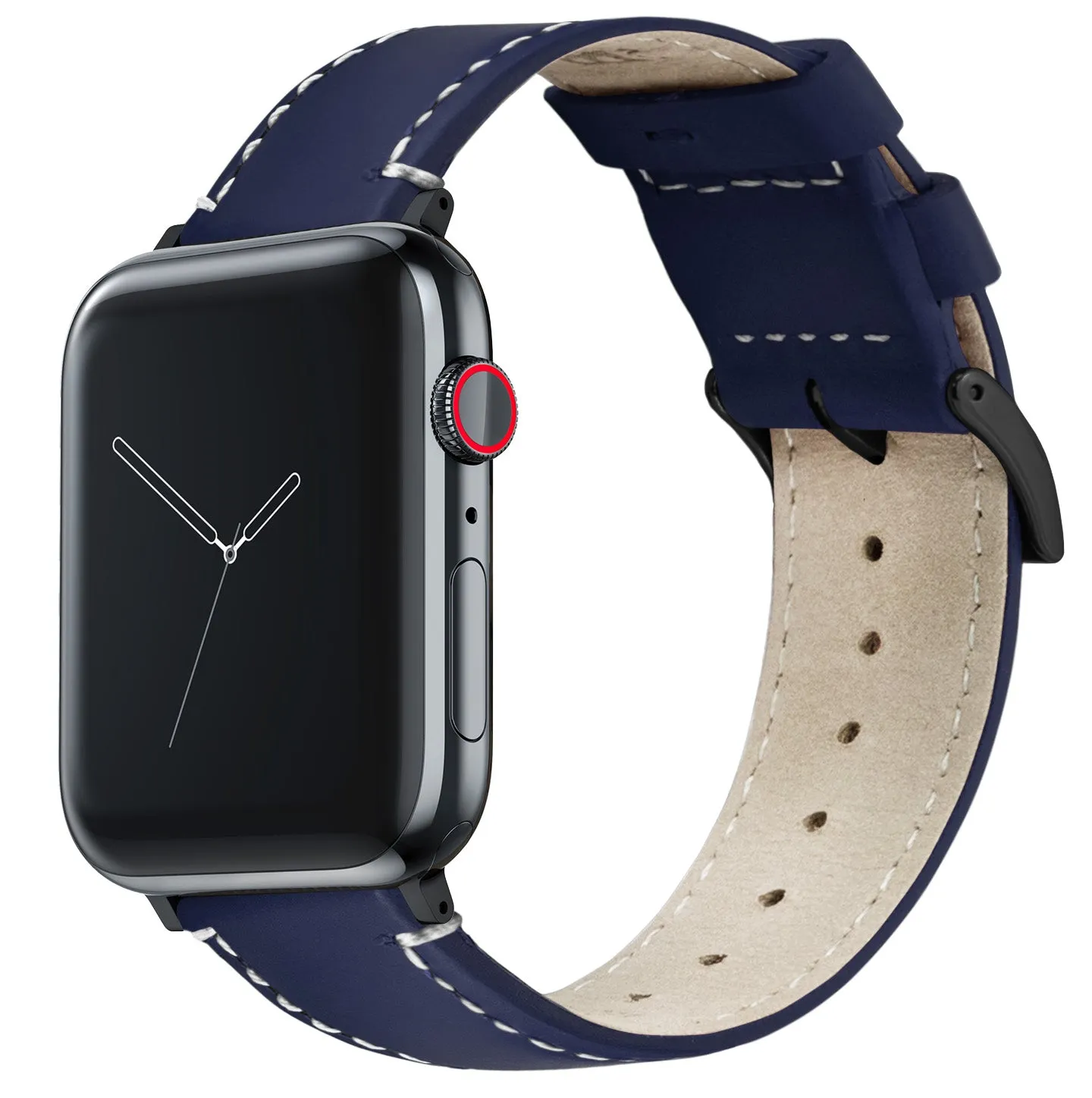 Apple Watch Navy Blue Leather Linen White Stitching Watch Band