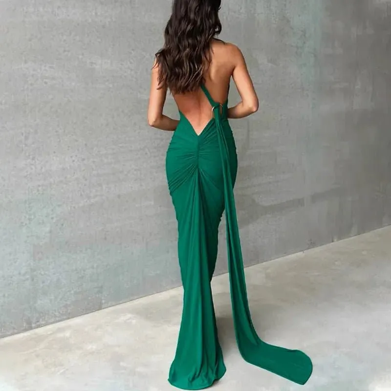 Backless Ruched Maxi Dress - Slim Fit, Sequined Bohemian Style