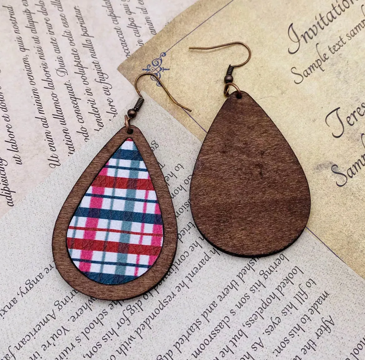 Beautiful Red and Green Plaid Striped Wooden Drop Earrings