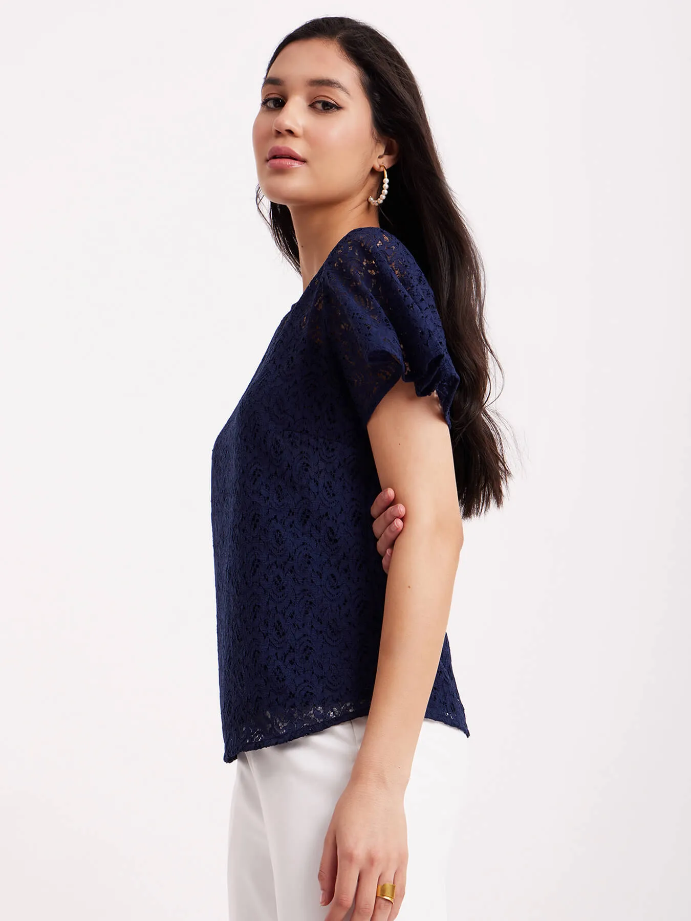 Bell Sleeves Lace Top - Navy Blue