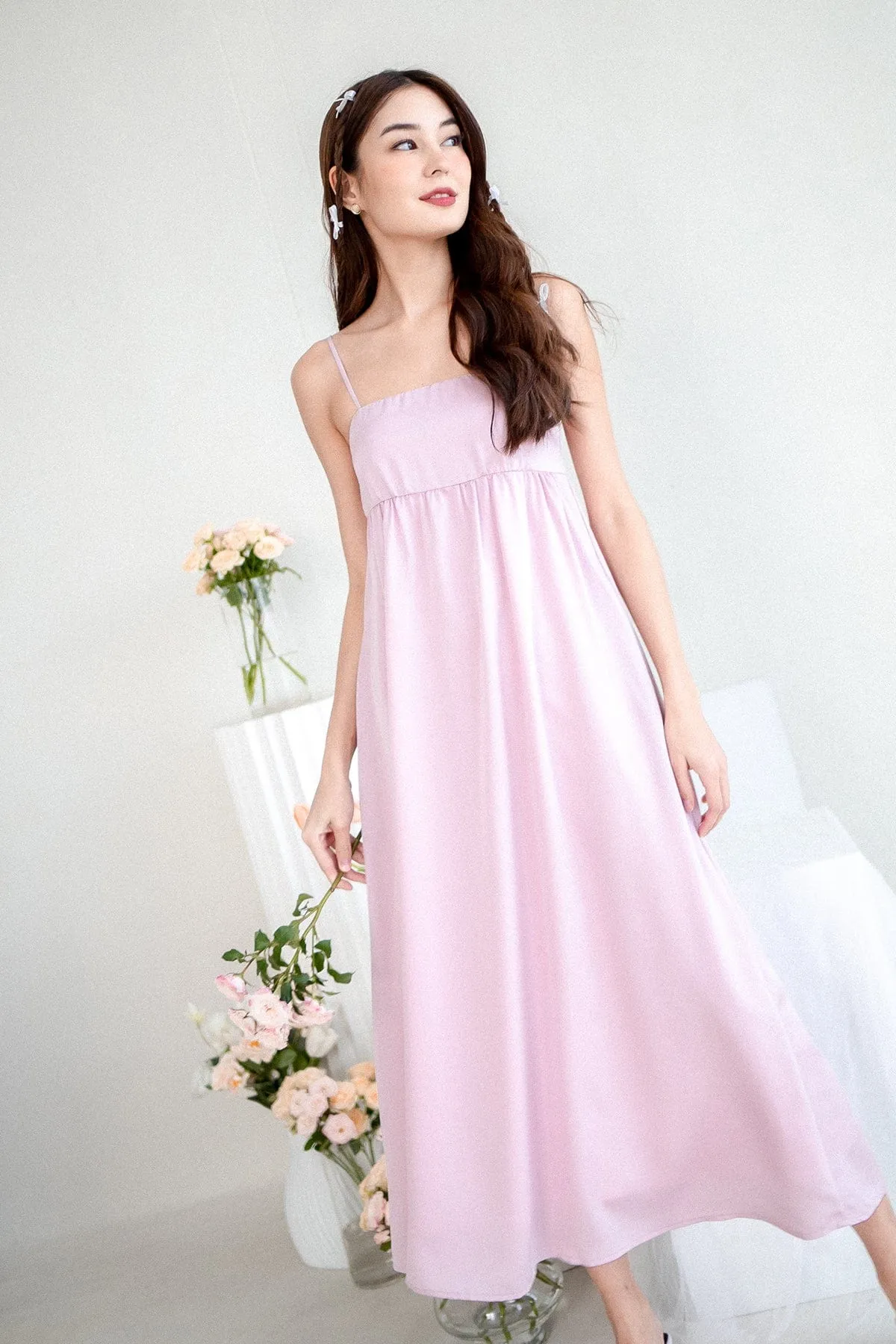 BELLA BABYDOLL SATIN MAXI DRESS IN PINK