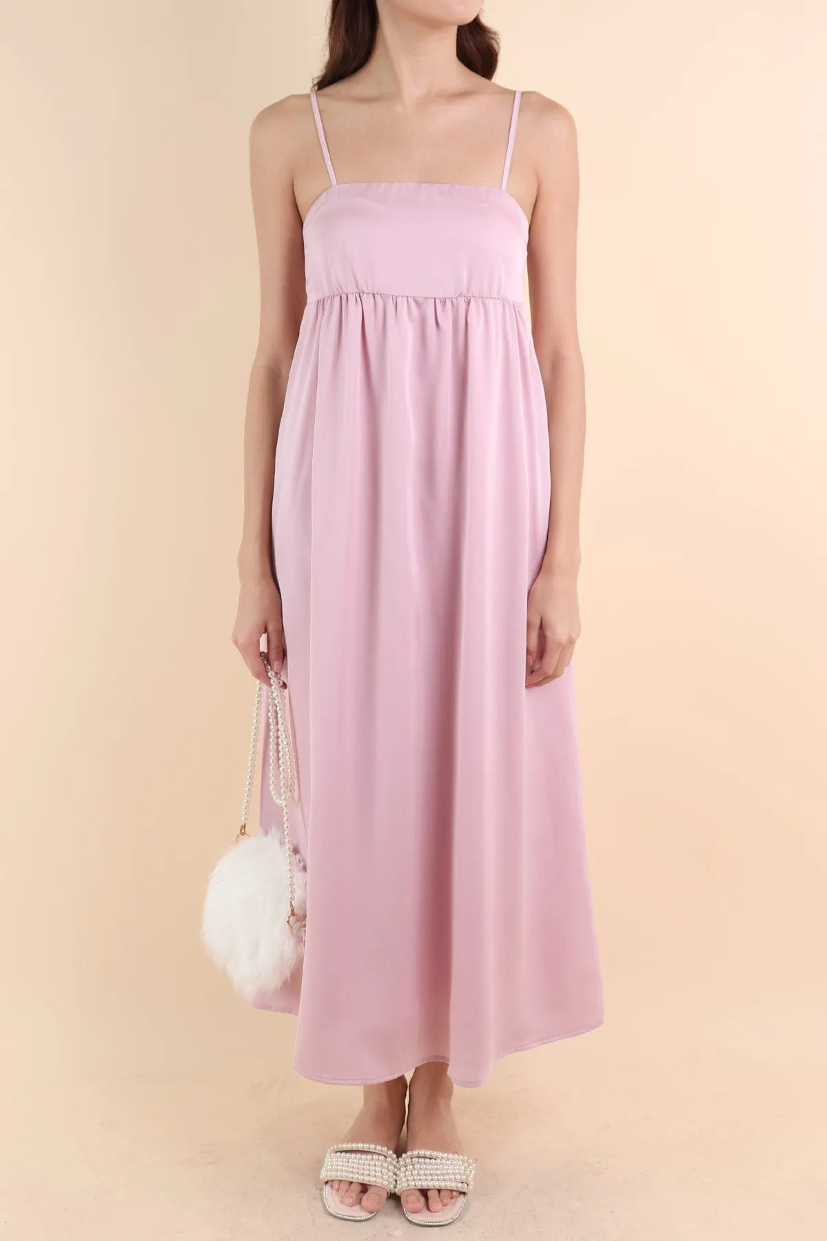 BELLA BABYDOLL SATIN MAXI DRESS IN PINK