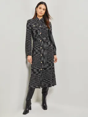 Belted Button Front Tweed Knit Midi Dress