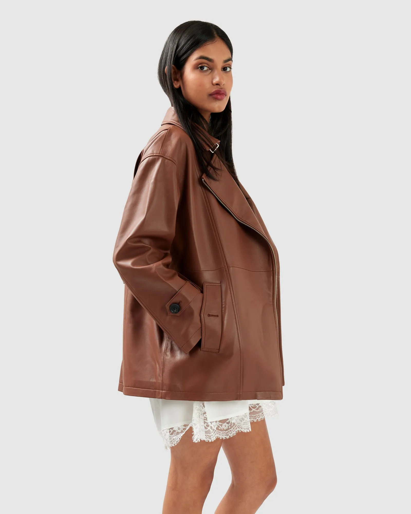 BFF Belted Leather Jacket - Brown