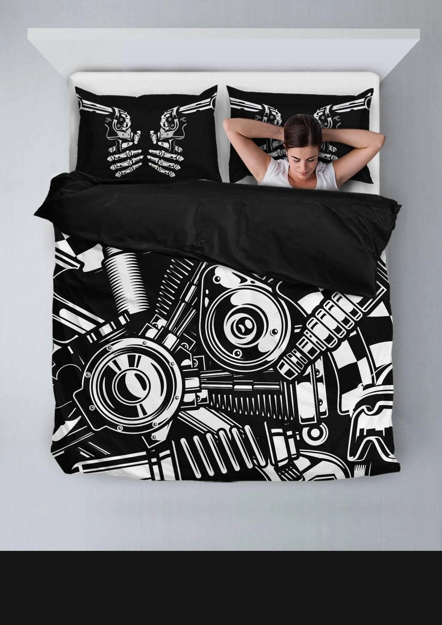 Biker Tools Bedding Set (1 Duvet Cover, 2 Pillowcases), Polyester, Size Twin-Queen-King, Black/White