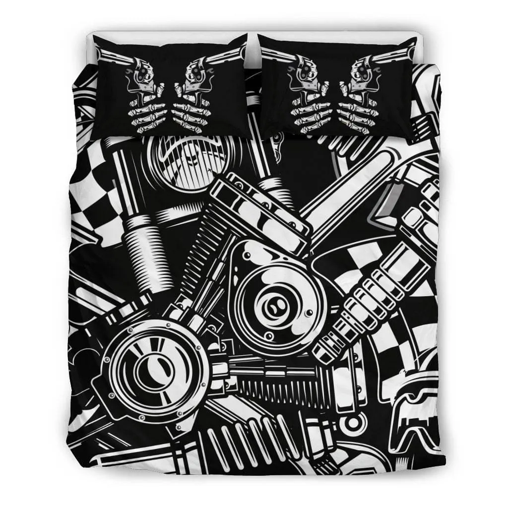 Biker Tools Bedding Set (1 Duvet Cover, 2 Pillowcases), Polyester, Size Twin-Queen-King, Black/White