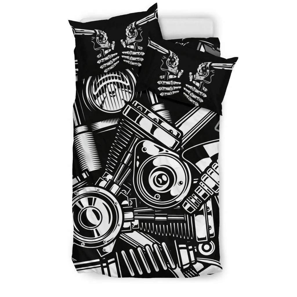 Biker Tools Bedding Set (1 Duvet Cover, 2 Pillowcases), Polyester, Size Twin-Queen-King, Black/White