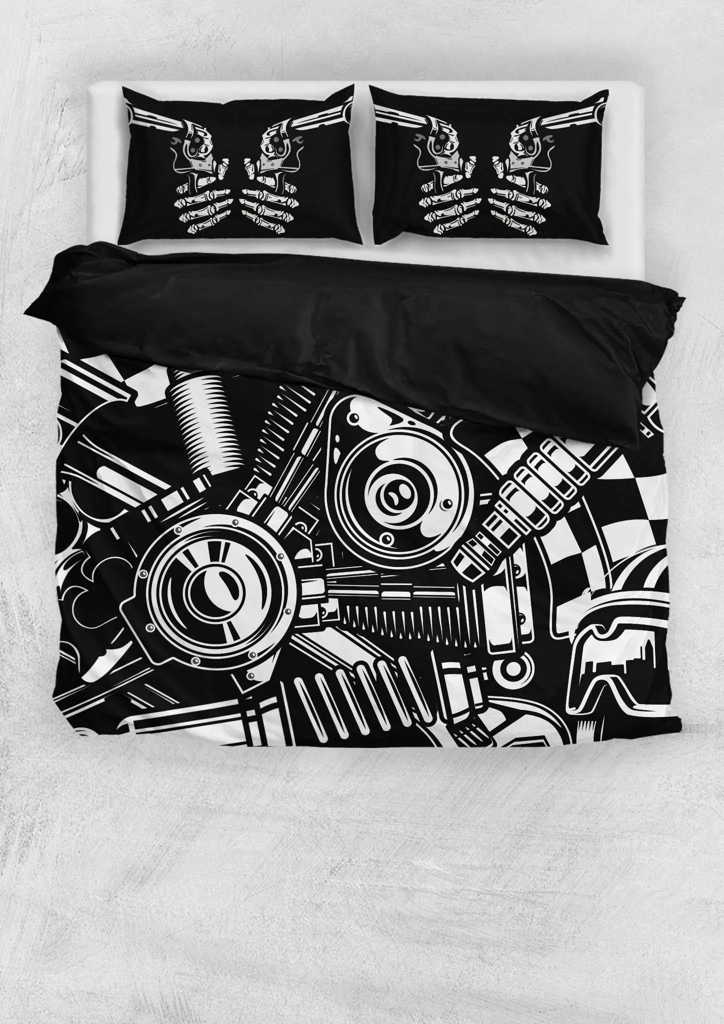 Biker Tools Bedding Set (1 Duvet Cover, 2 Pillowcases), Polyester, Size Twin-Queen-King, Black/White