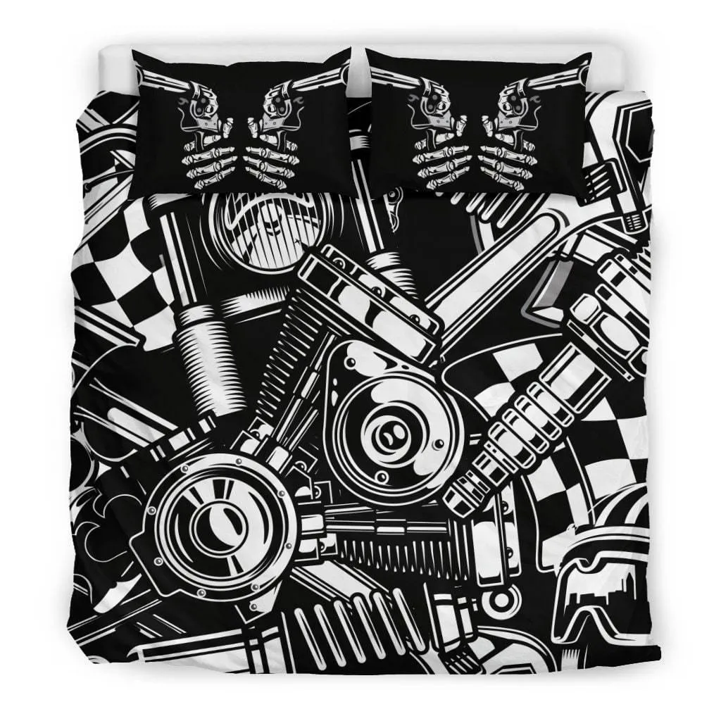 Biker Tools Bedding Set (1 Duvet Cover, 2 Pillowcases), Polyester, Size Twin-Queen-King, Black/White