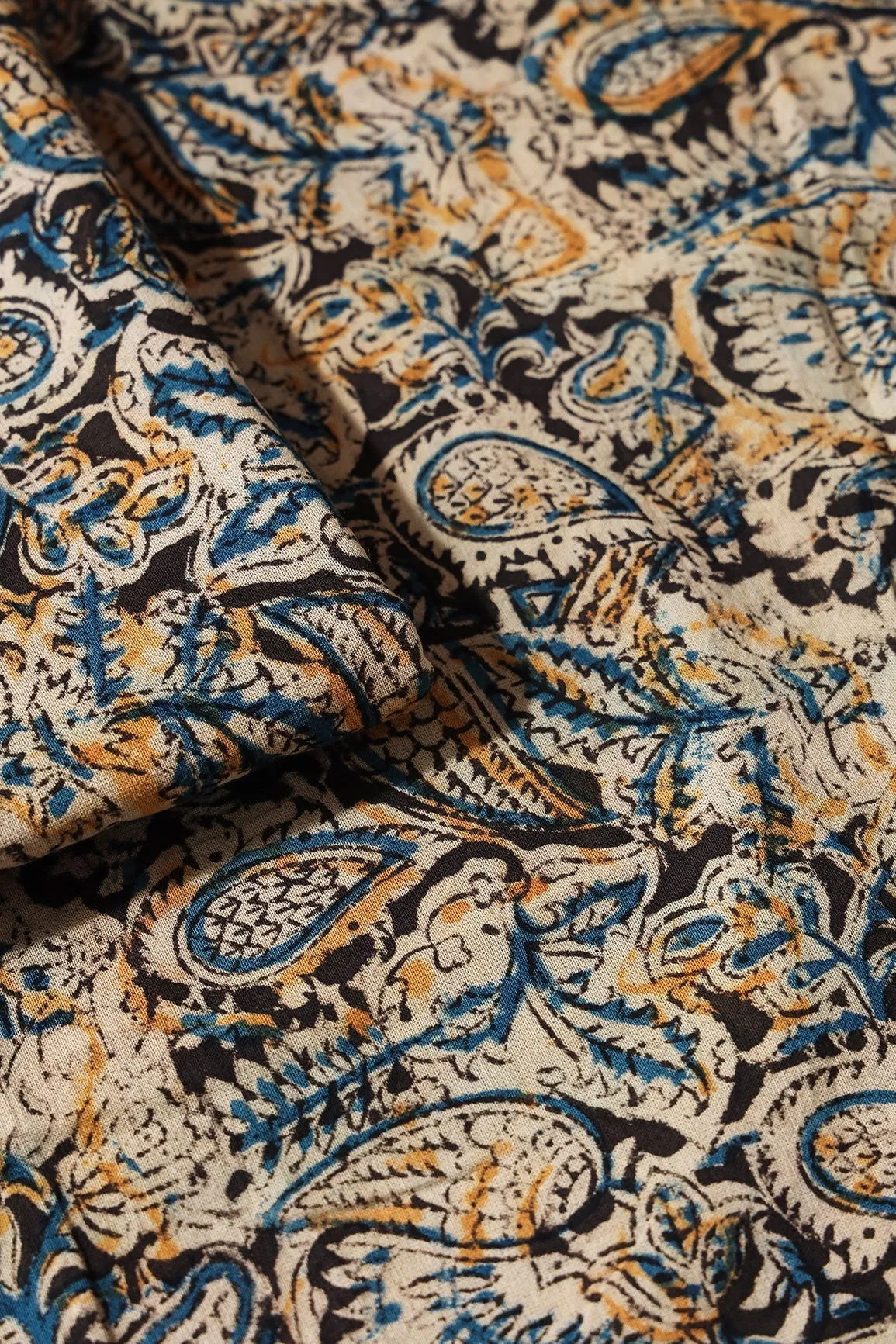 Black And Beige Floral Pattern Handblock Kalamkari Organic Cotton Fabric