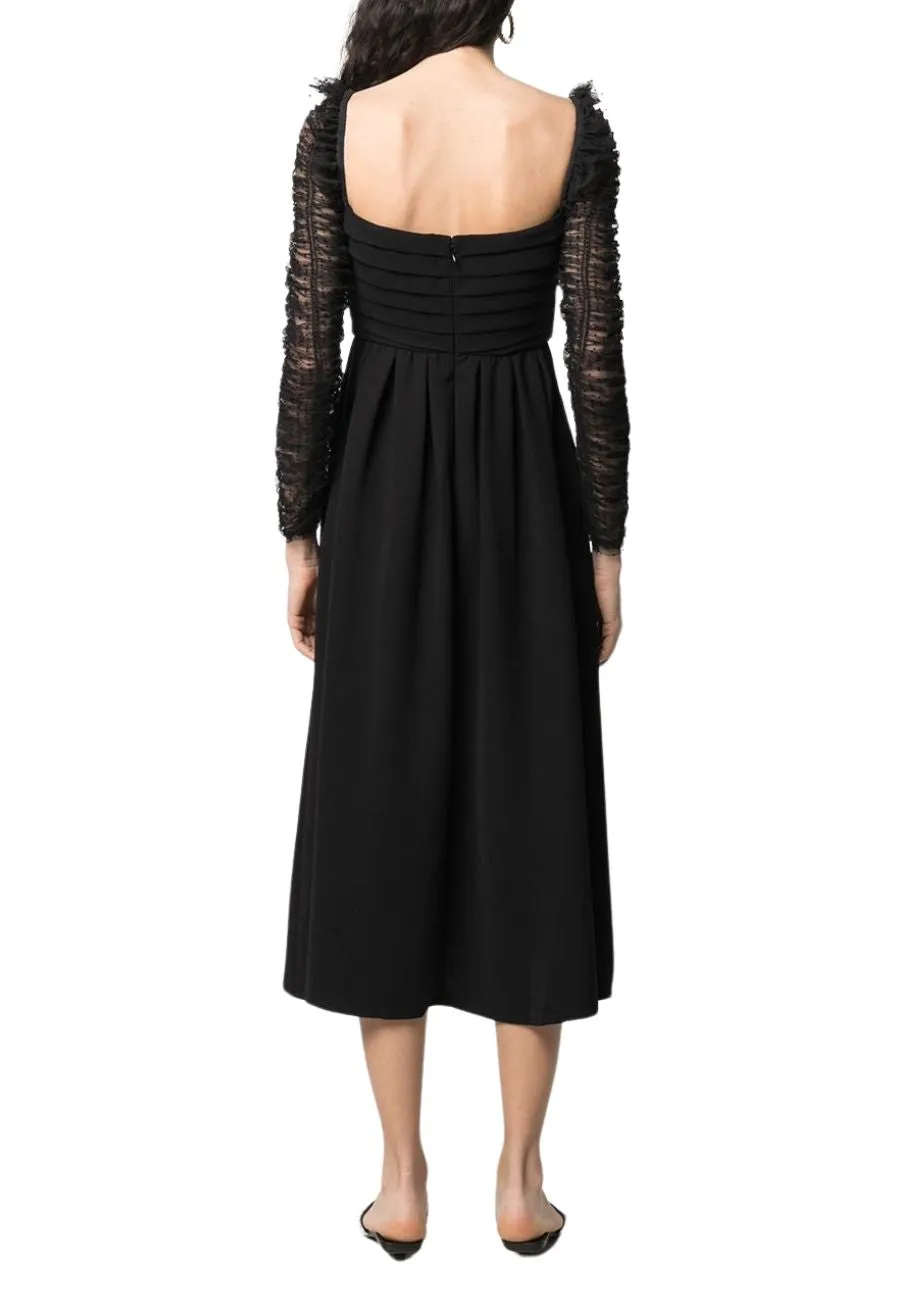 Black Pleated Crepe And Ruched Polka-dot Flocked Tulle Midi Dress