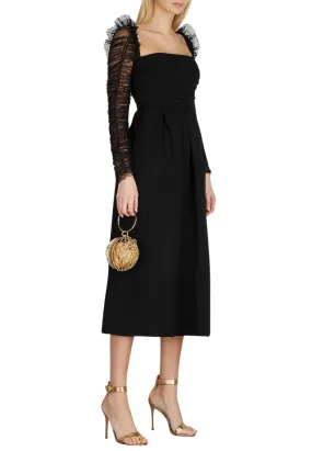 Black Pleated Crepe And Ruched Polka-dot Flocked Tulle Midi Dress