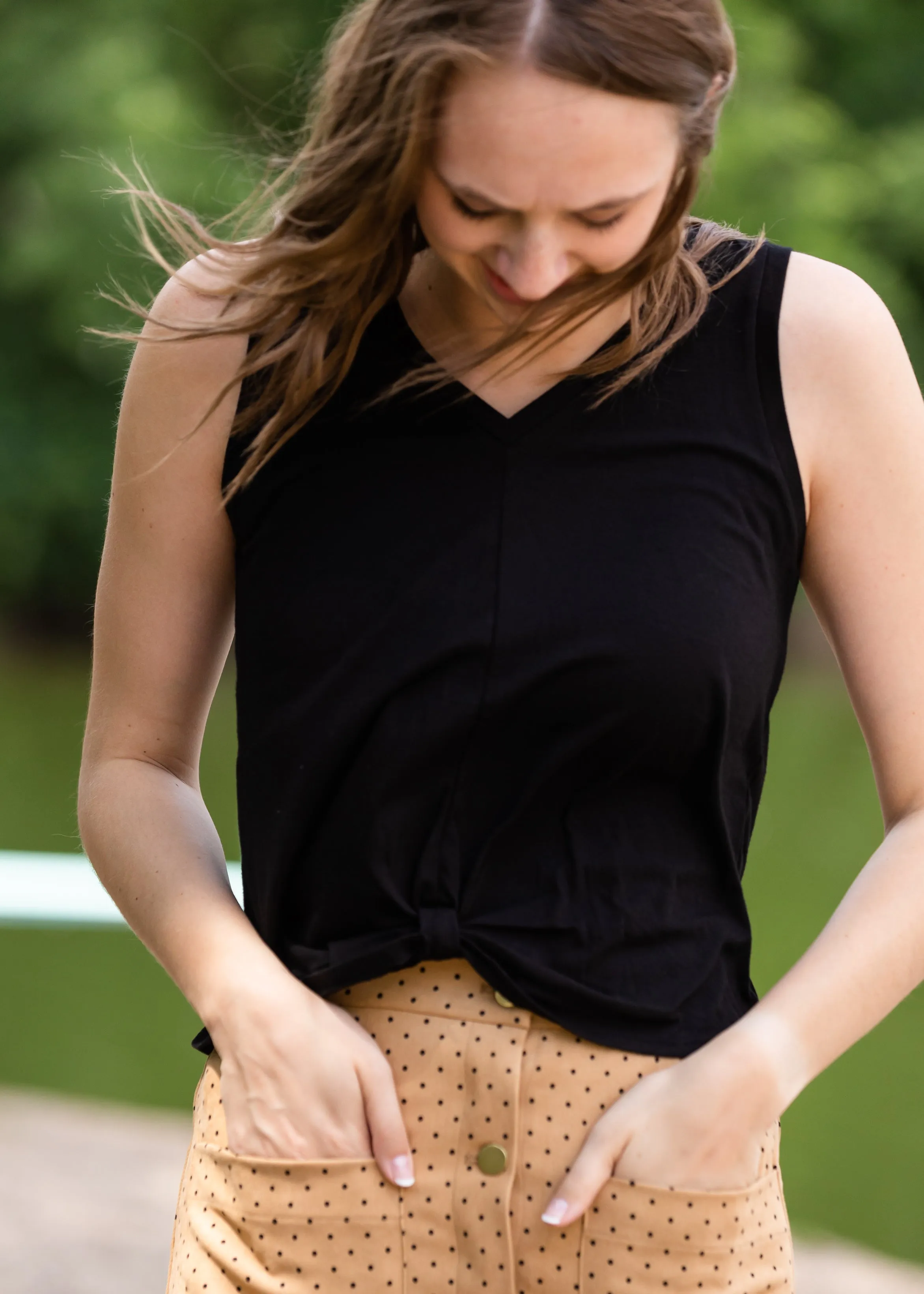 Black Triblend Front Knot Tank Top